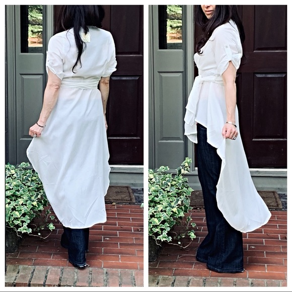 White button down high low tie waist tunic - Picture 6 of 8